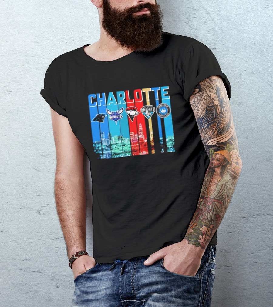 Charlotte Panthers Hornets Knights City Skyline Sports Team Logos T-Shirt