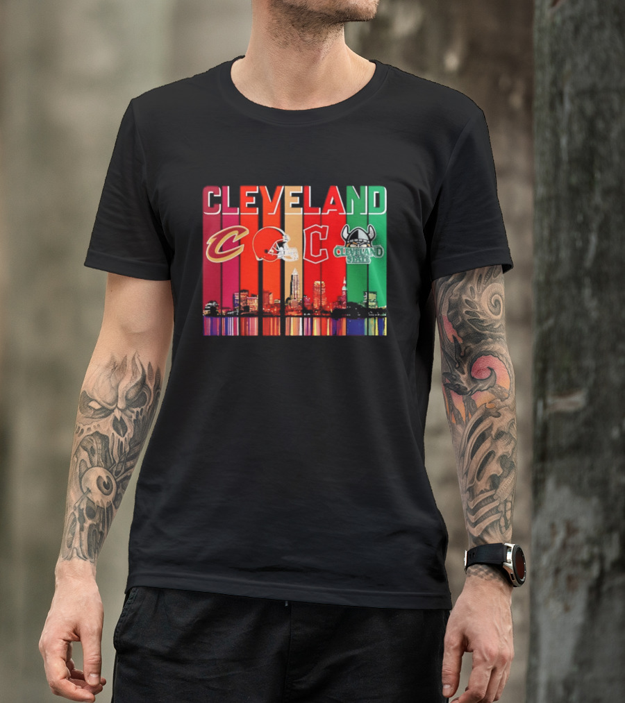 Cleveland Cavaliers Browns Guardians Cleveland State Vikings City Skyline T-Shirt