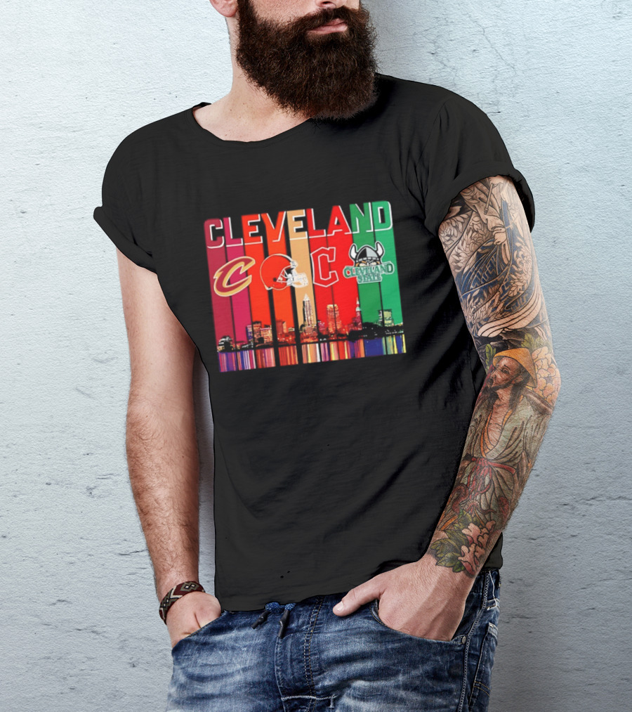 Cleveland Cavaliers Browns Guardians Cleveland State Vikings City Skyline T-Shirt