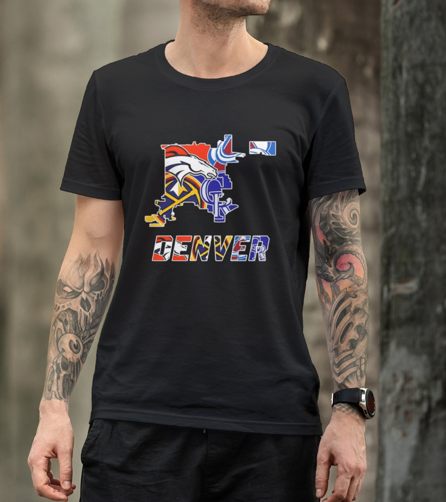 Denver Broncos Nuggets Avalanche Rockies Map Sports Team Logos T-Shirt