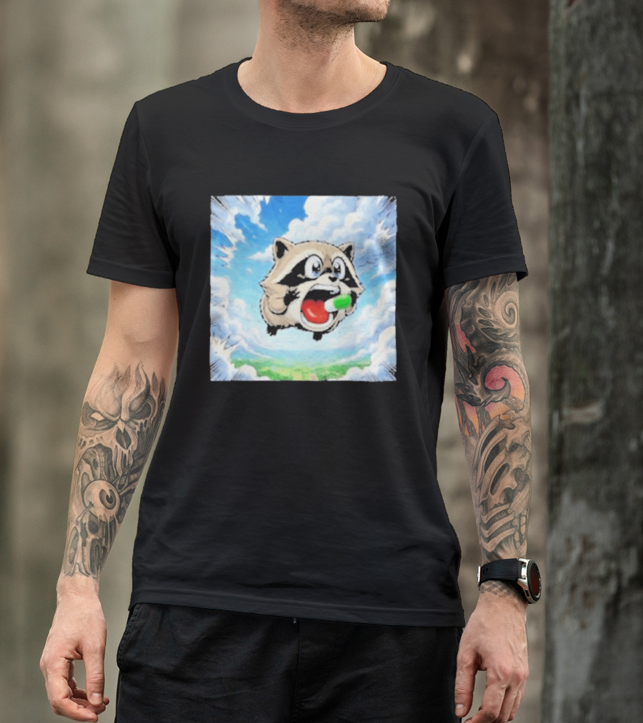 Jimothy Raccoon Cartoon Sky Dive With Colorful Capsule T-Shirt