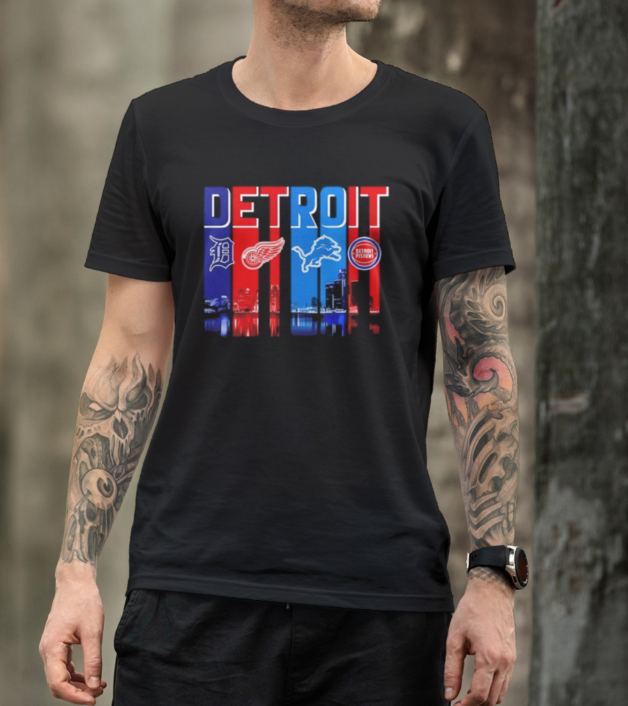Detroit Tigers Red Wings Lions Pistons City Skyline 2026 T-Shirt
