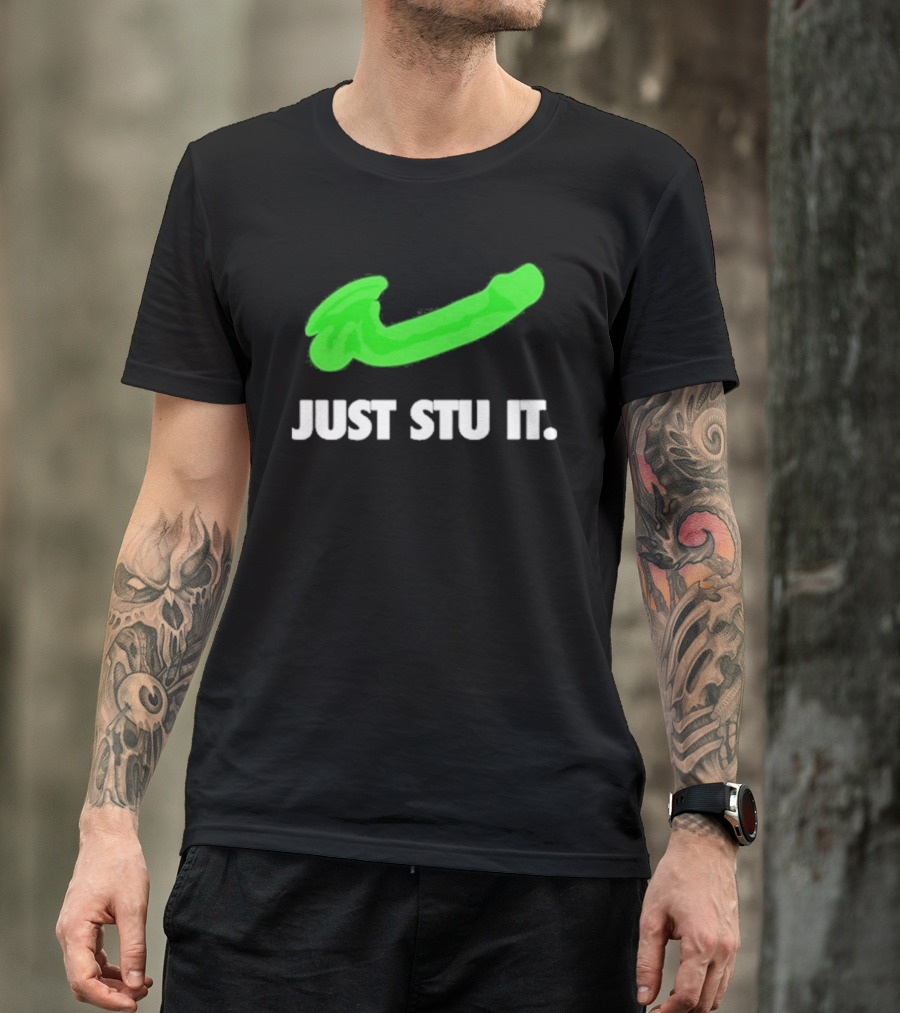 Just Stu It Green Swoosh Iconic Phrase T-Shirt