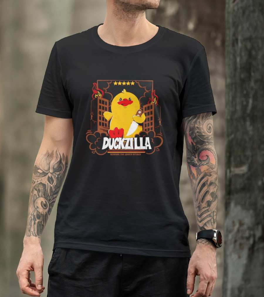 Duckzilla Beware The Quack Attack Knife Wielding Giant Duck With Burning Buildings T-Shirt