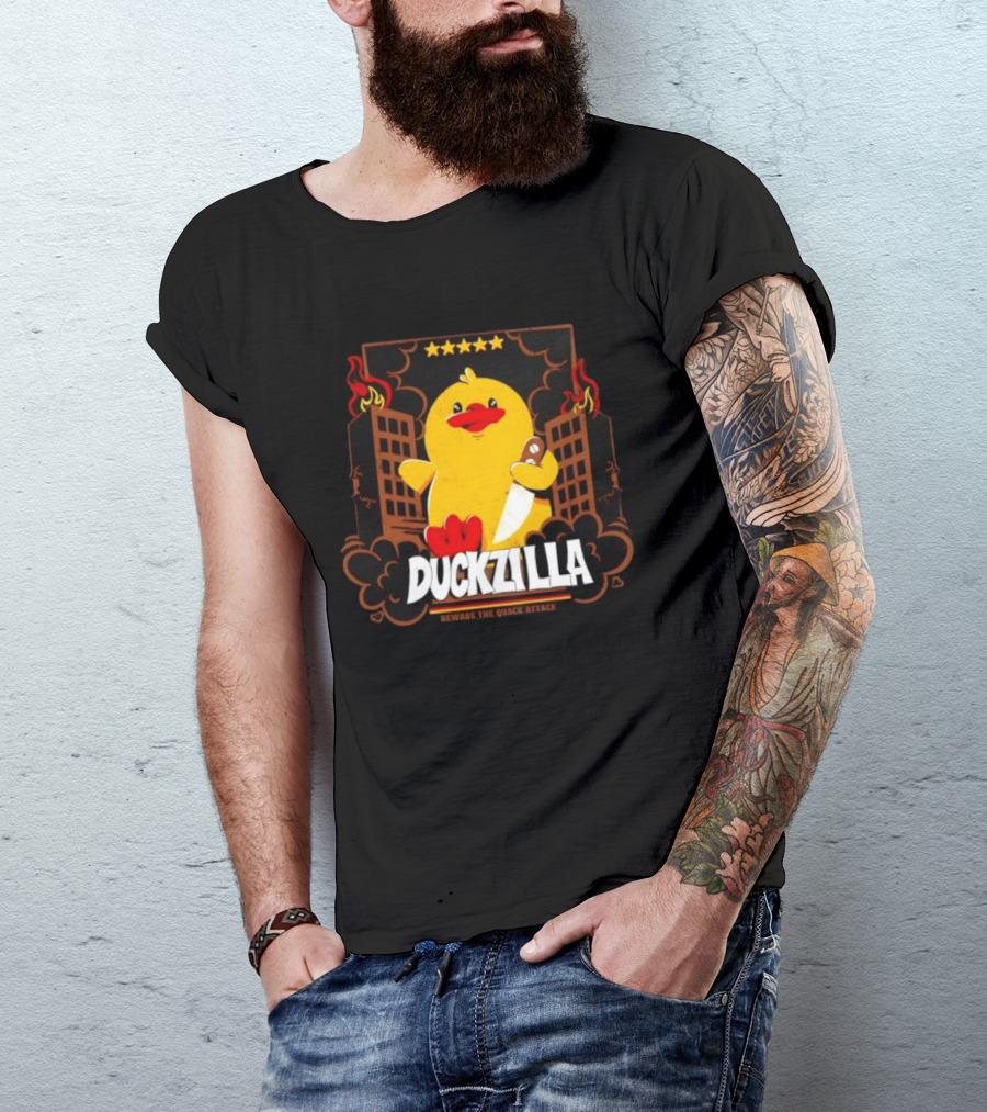Duckzilla Beware The Quack Attack Knife Wielding Giant Duck With Burning Buildings T-Shirt