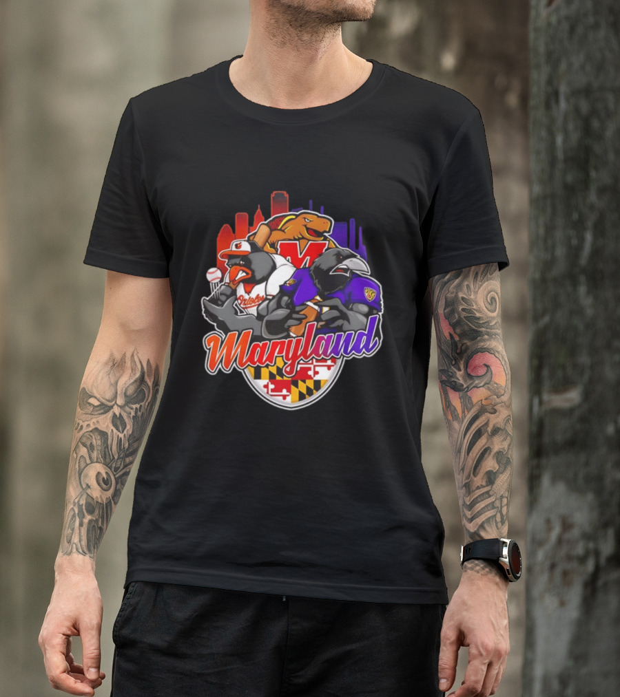 Maryland Orioles Ravens Terrapins Skyline Mashup With Flag T-Shirt