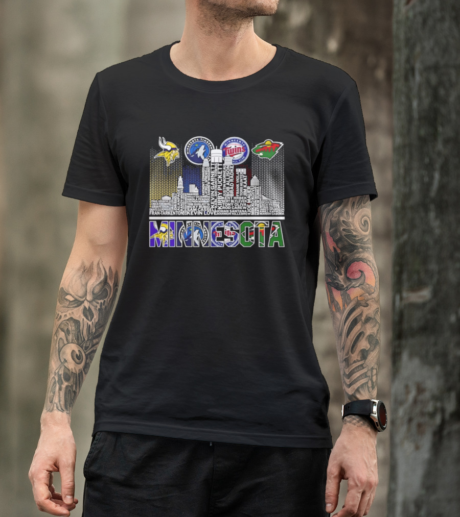 Minnesota Vikings Timberwolves Twins Wild Skyline Roster Names T-Shirt