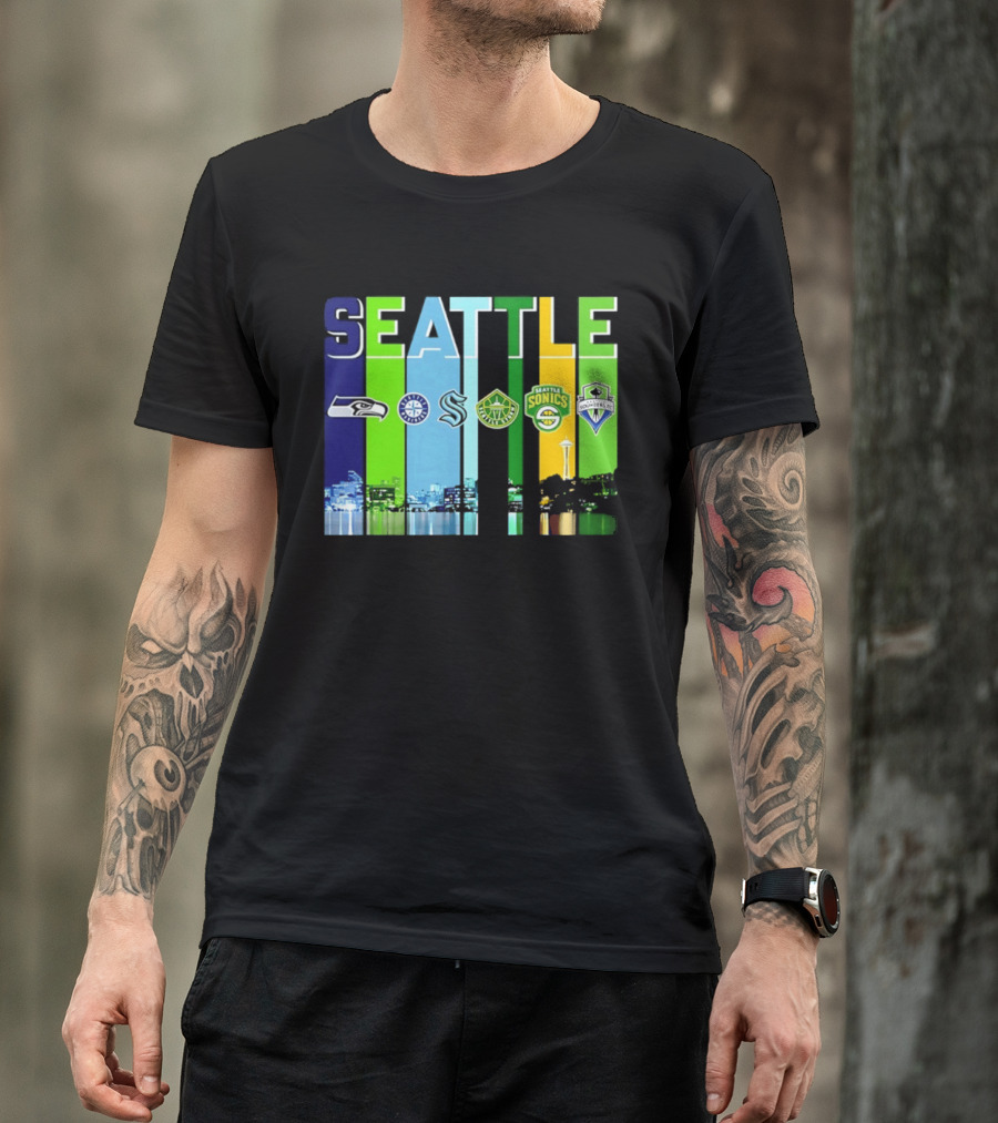 Seattle Seahawks Mariners Kraken Sonics Storm Sounders City Skyline T-Shirt