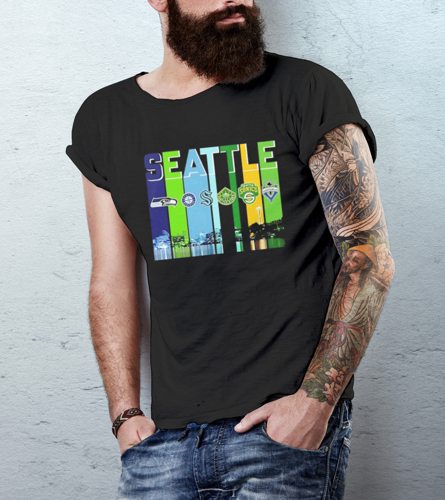 Seattle Seahawks Mariners Kraken Sonics Storm Sounders City Skyline T-Shirt