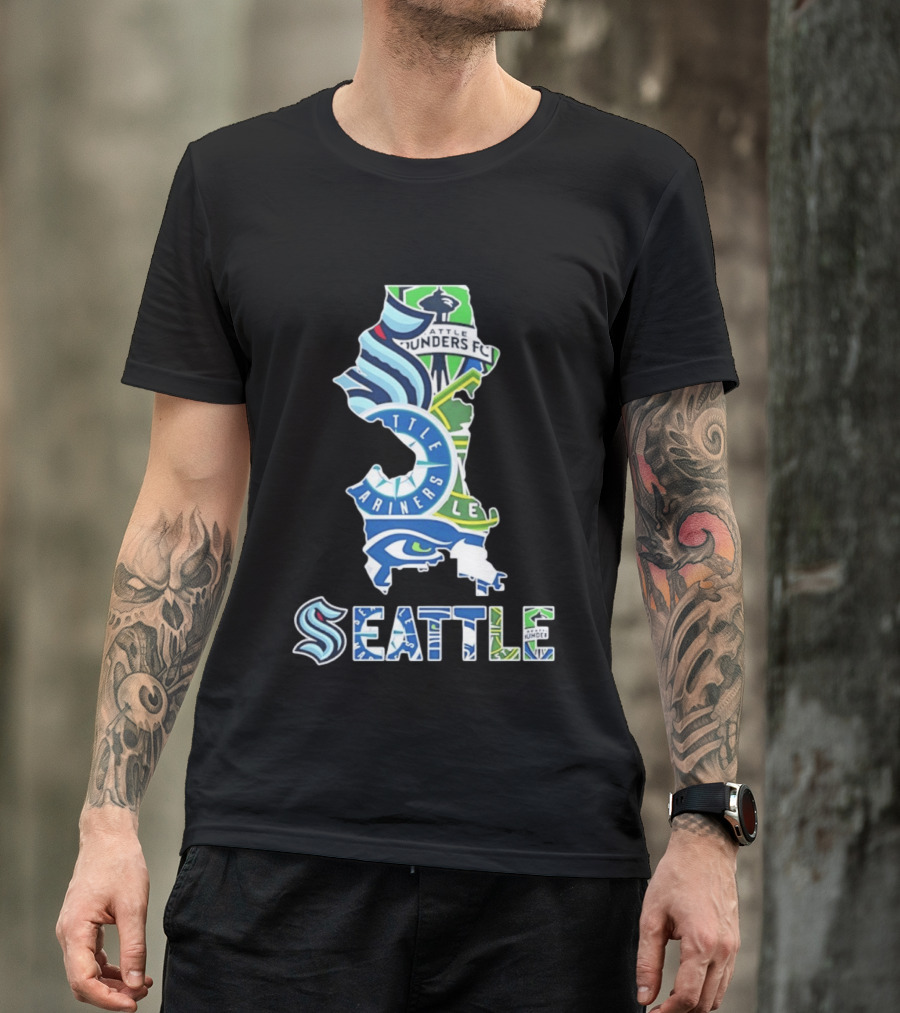 Seattle Kraken Mariners Seahawks Sounders FC Map Collage 2026 T-Shirt
