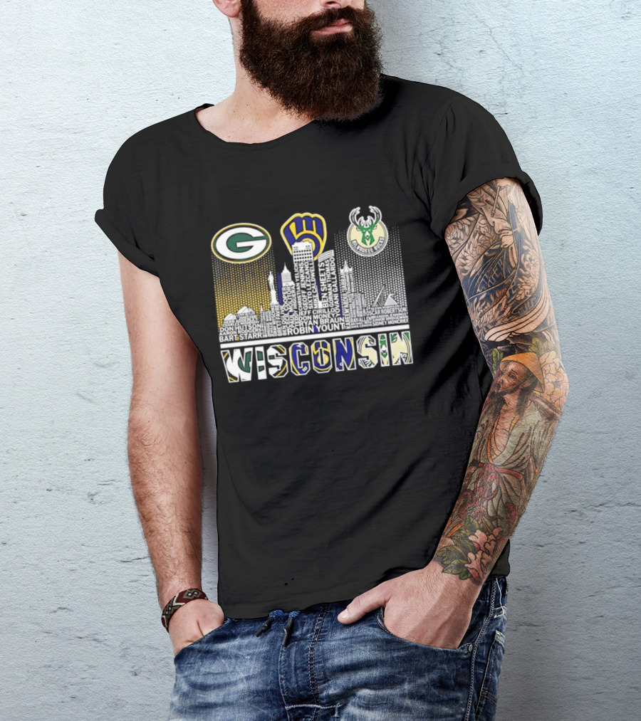 Wisconsin Green Bay Packers Milwaukee Brewers Bucks City Skyline Logos T-Shirt