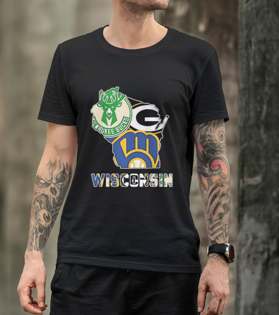 Milwaukee Bucks Green Bay Packers Milwaukee Brewers Wisconsin Map T-Shirt