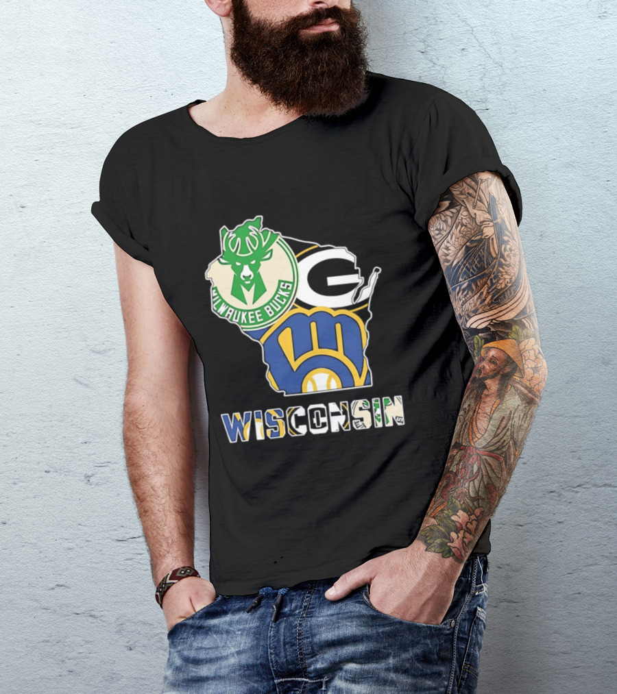 Milwaukee Bucks Green Bay Packers Milwaukee Brewers Wisconsin Map T-Shirt