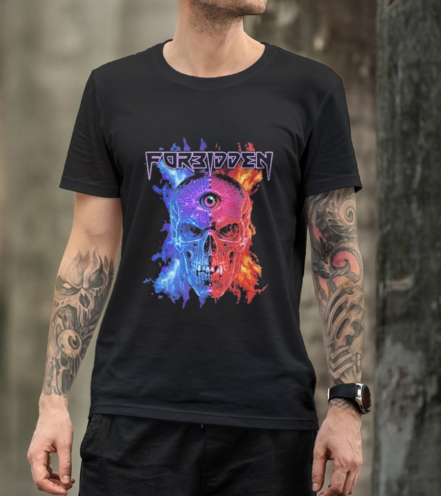 FORBIDDEN Skull Eye Flames Blue Red Fusion T-Shirt