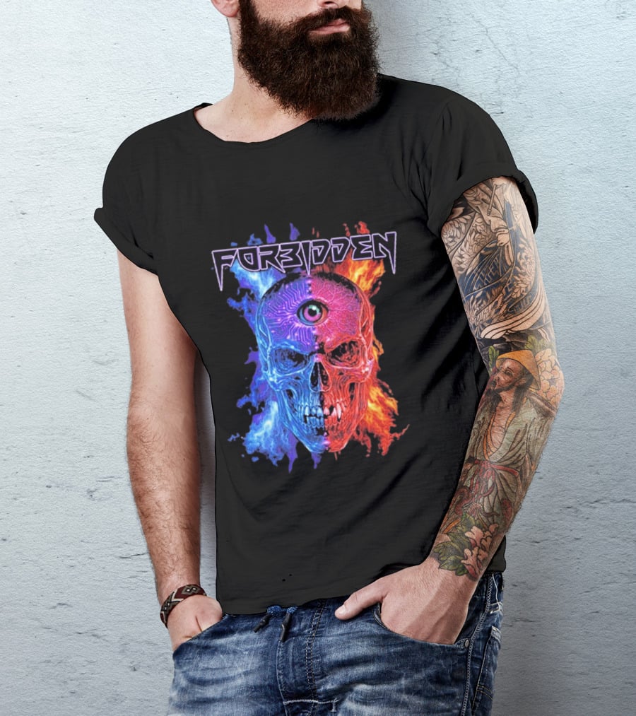 FORBIDDEN Skull Eye Flames Blue Red Fusion T-Shirt