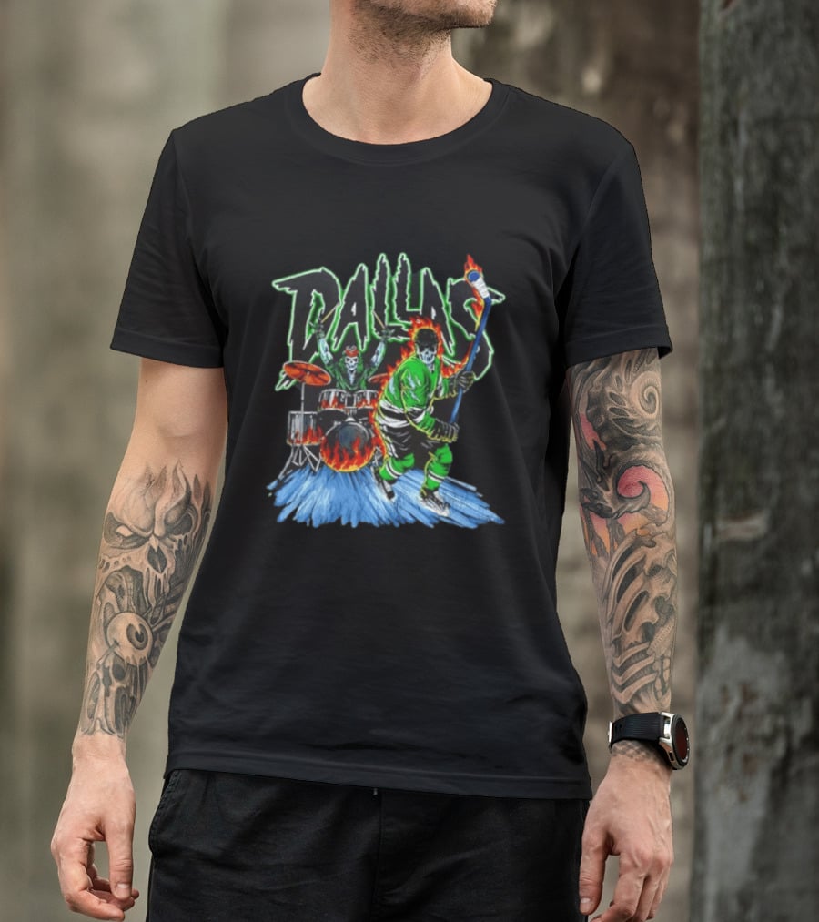 Dallas Stars Skeleton Hockey Fire With Drummer T-Shirt