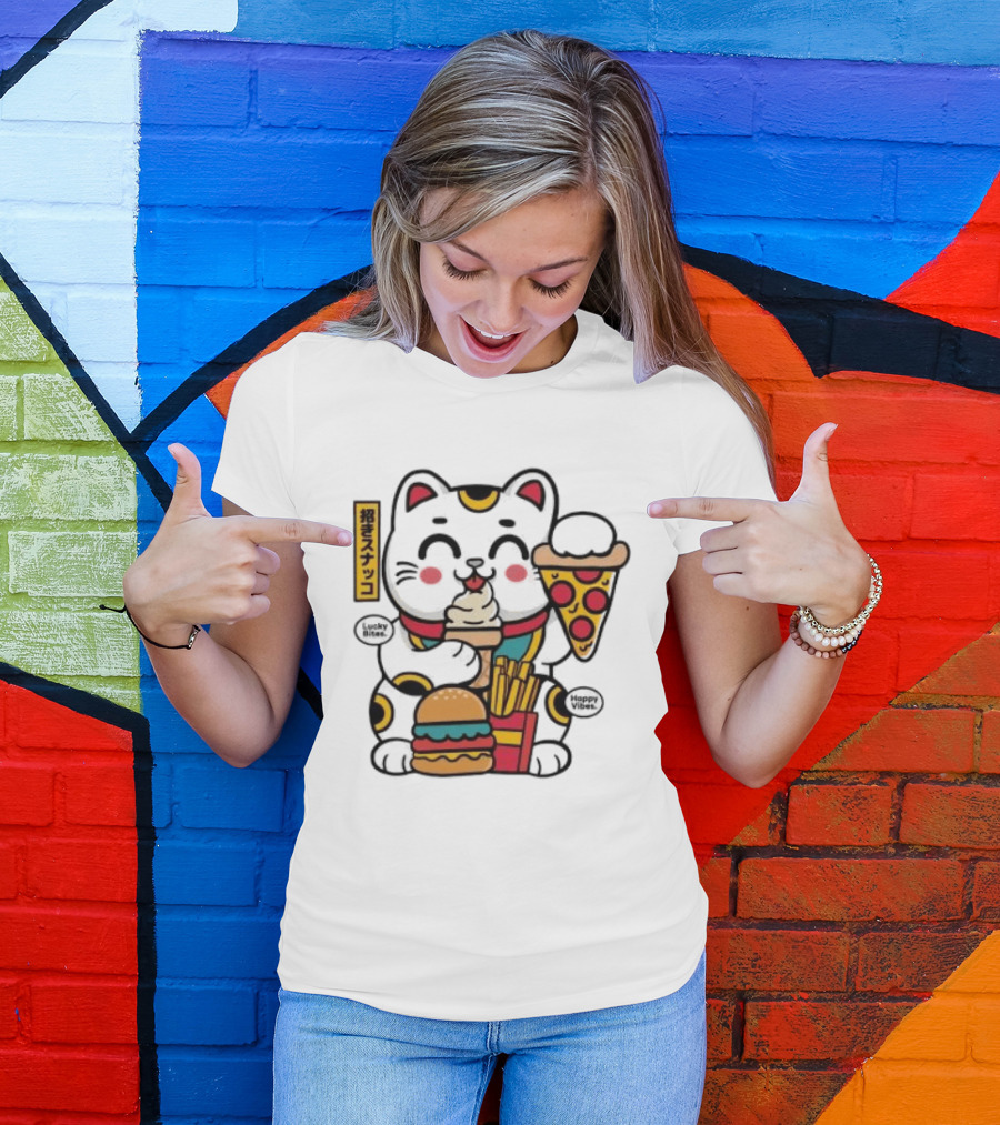 Lucky Bites Happy Vibes Maneki Neko Cat Ice Cream Pizza Burger Fries T-Shirt