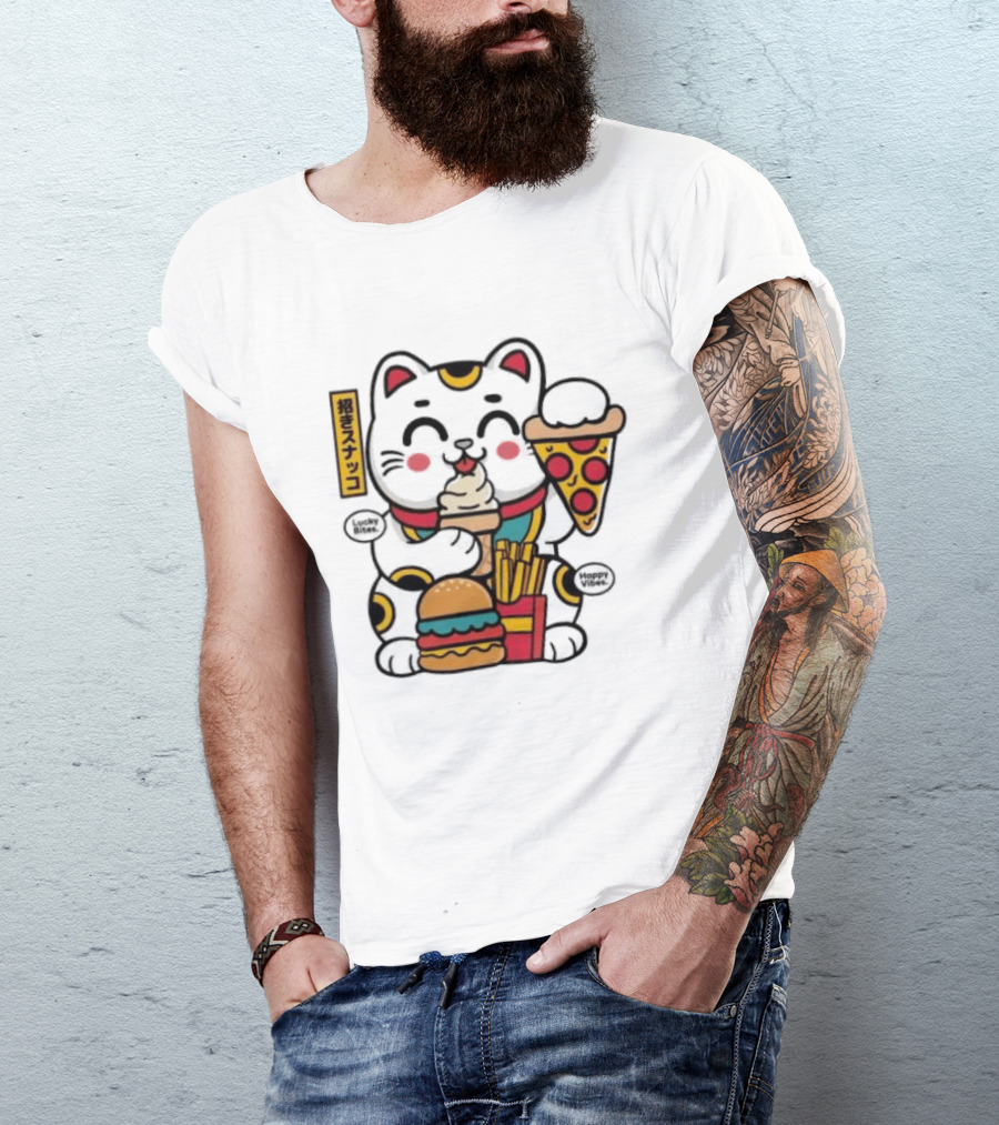 Lucky Bites Happy Vibes Maneki Neko Cat Ice Cream Pizza Burger Fries T-Shirt