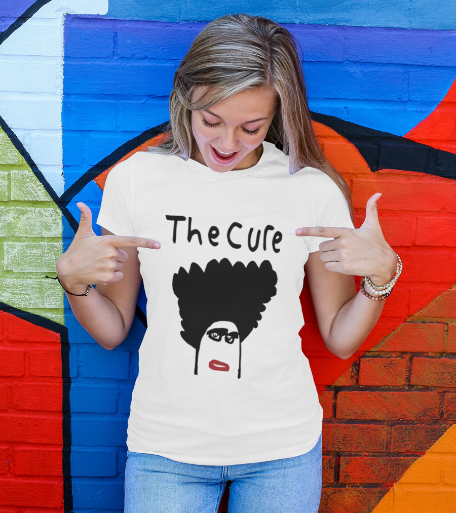 The Cure Hand Drawn Robert Smith Bold Hair Red Lips Black Glasses T-Shirt
