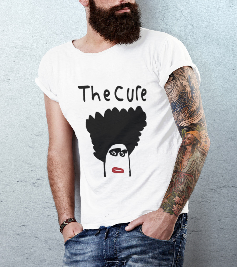 The Cure Hand Drawn Robert Smith Bold Hair Red Lips Black Glasses T-Shirt