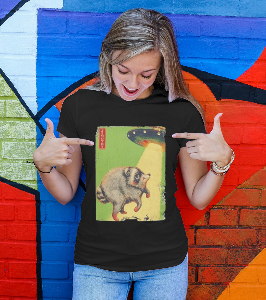 Jimothy Raccoon Abducted By UFO Alien Beam On Green T-Shirt