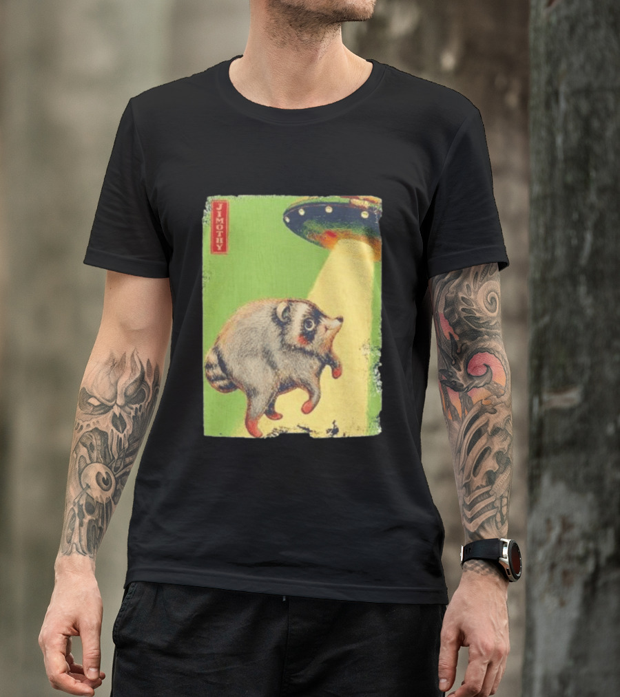 Jimothy Raccoon Abducted By UFO Alien Beam On Green T-Shirt