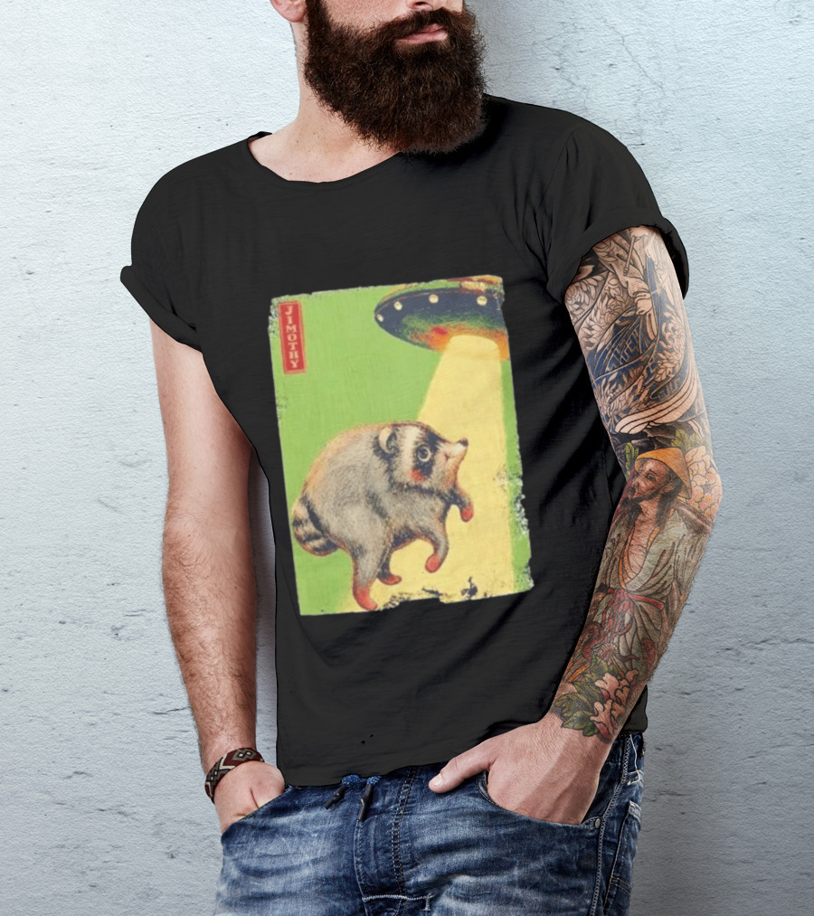 Jimothy Raccoon Abducted By UFO Alien Beam On Green T-Shirt