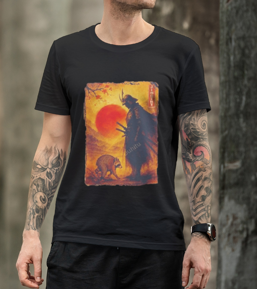 Jimothy Samurai Warrior And Raccoon Japanese Sunset T-Shirt