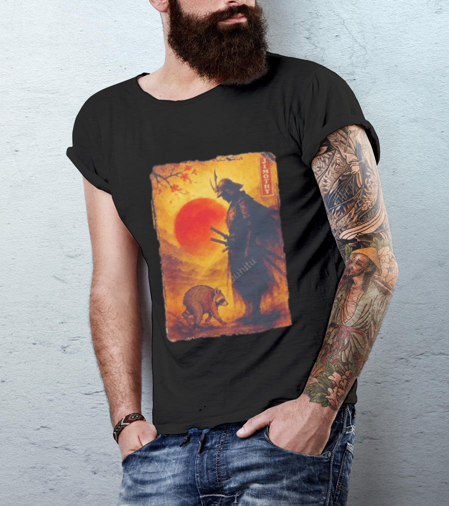 Jimothy Samurai Warrior And Raccoon Japanese Sunset T-Shirt