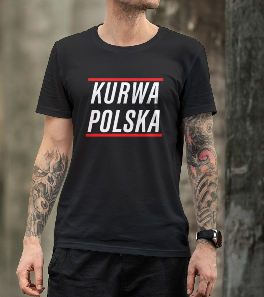 Kurwa Polska Bold White Text Design Red Lines T-Shirt
