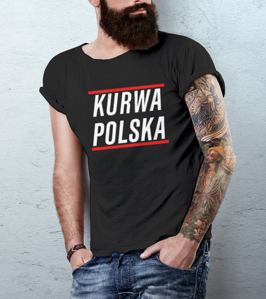 Kurwa Polska Bold White Text Design Red Lines T-Shirt