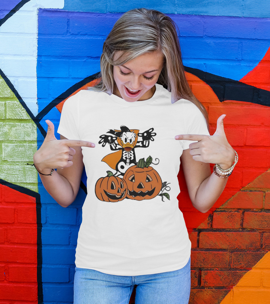 Donald Duck Skeleton Costume With Pumpkins Disney Halloween T-Shirt