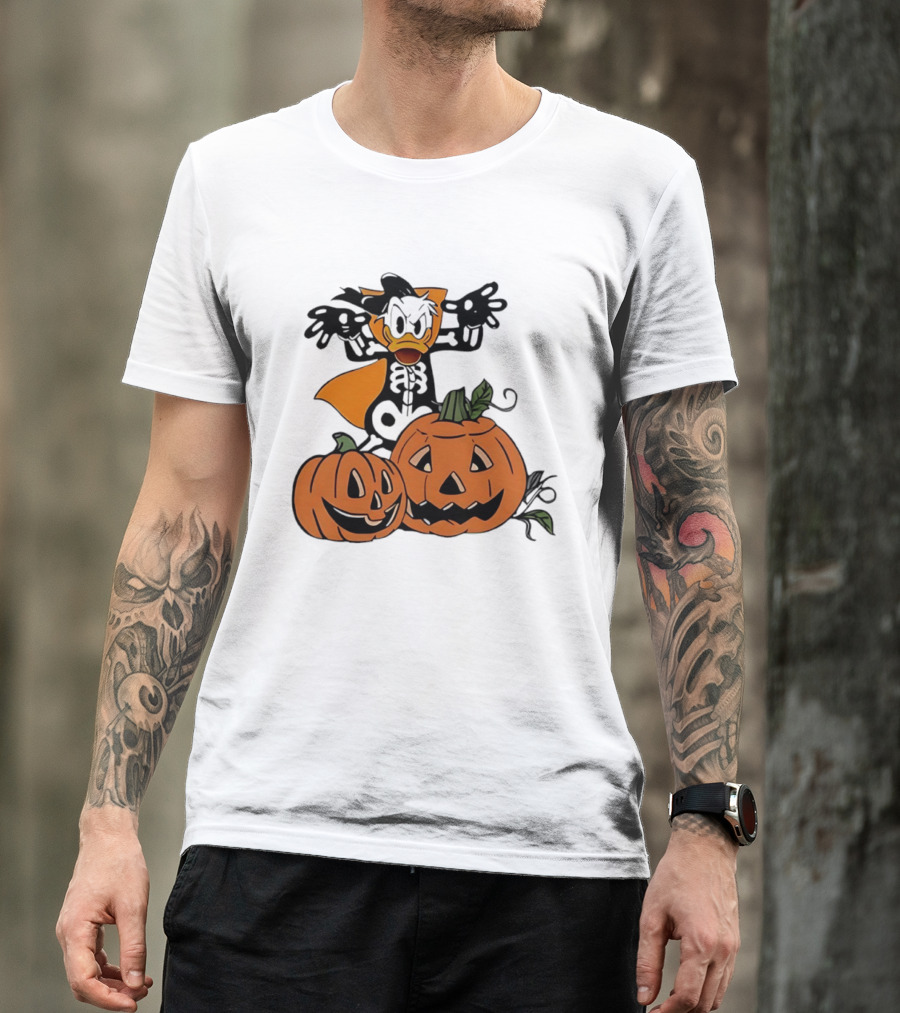 Donald Duck Skeleton Costume With Pumpkins Disney Halloween T-Shirt
