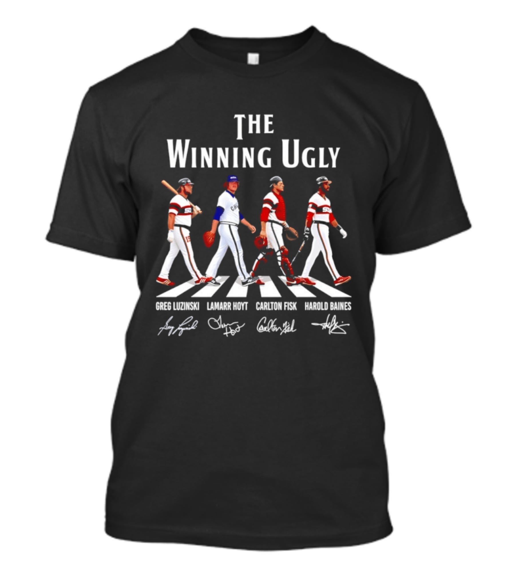 Chicago White Sox The Winning Ugly Greg Luzinski Lamarr Hoyt Carlton Fisk Harold Baines Signatures Abbey Road T-Shirt
