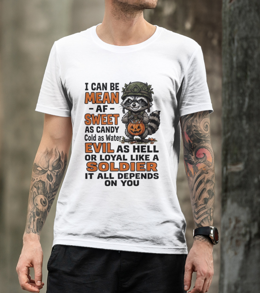 Raccoon I Can Be Mean AF Sweet As Candy Cold As Water Evil As Hell Or Loyal Like A Soldier It All Depends On You T-Shirt