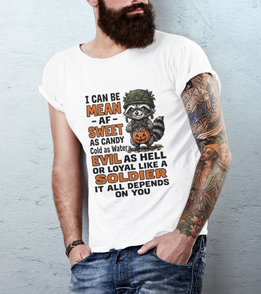 Raccoon I Can Be Mean AF Sweet As Candy Cold As Water Evil As Hell Or Loyal Like A Soldier It All Depends On You T-Shirt