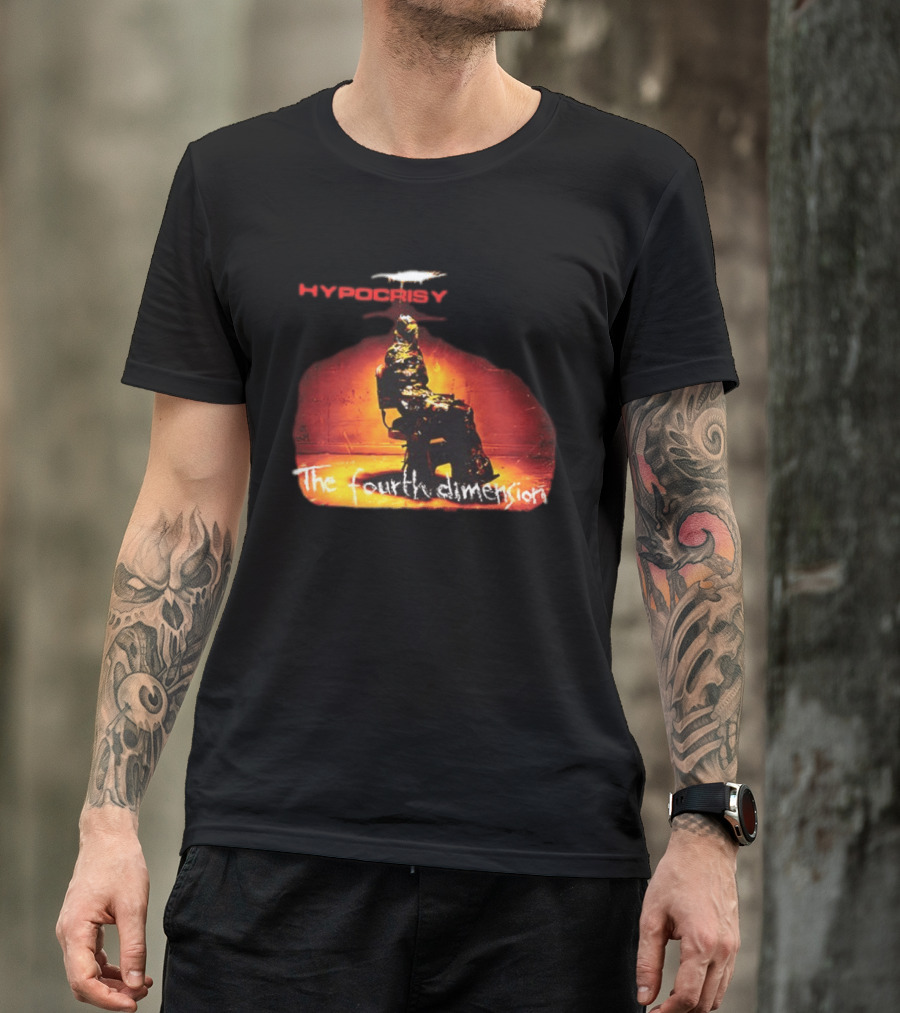 Hypocrisy The Fourth Dimension Red Text And Seated Figure T-Shirt