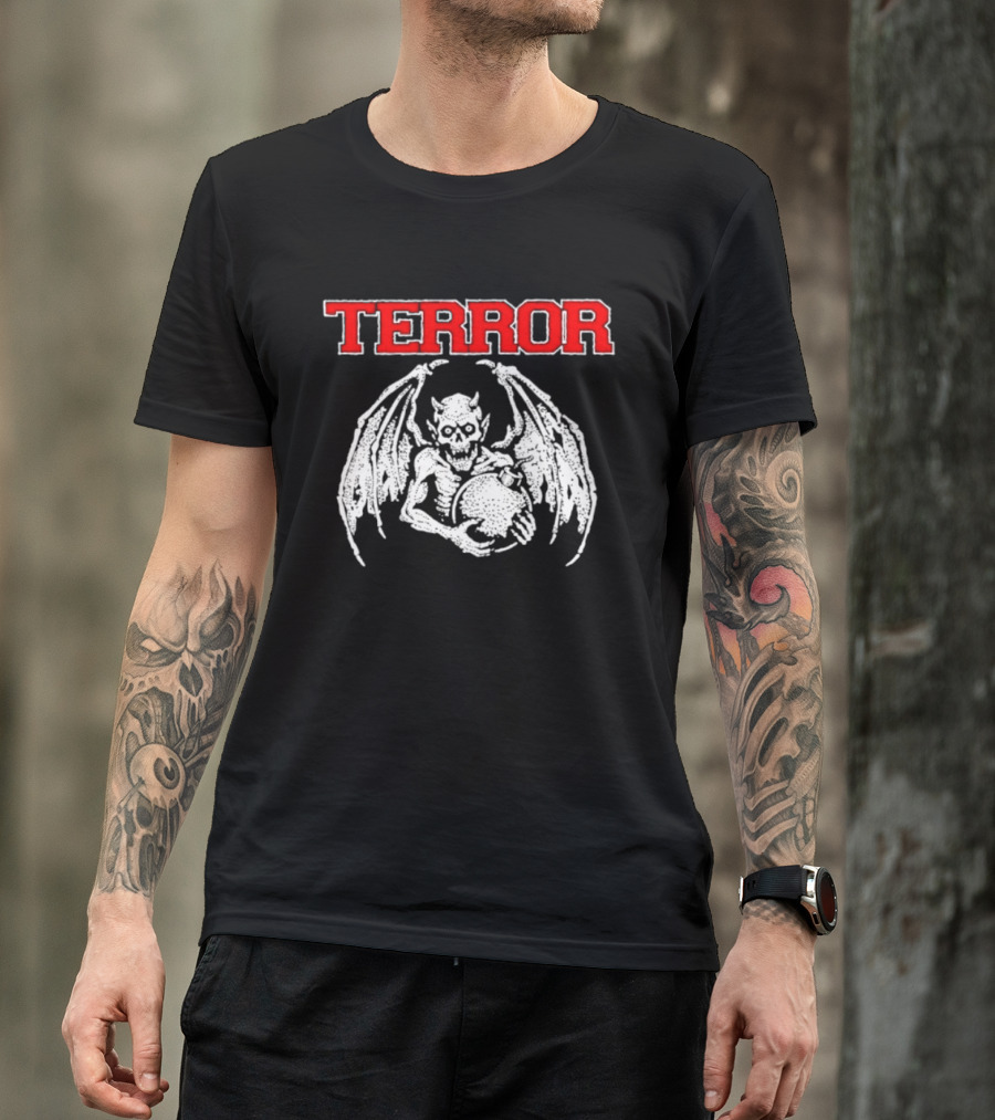 Terror Red Lettering Demon With Wings Holding Bomb T-Shirt