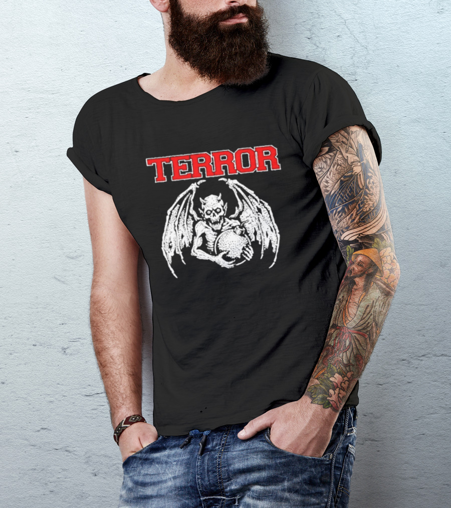 Terror Red Lettering Demon With Wings Holding Bomb T-Shirt