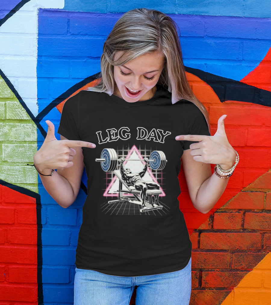 Leg Day Skeleton Weightlifting Gym Bodybuilding 80s Aesthetic Neon Triangle T-Shirt
