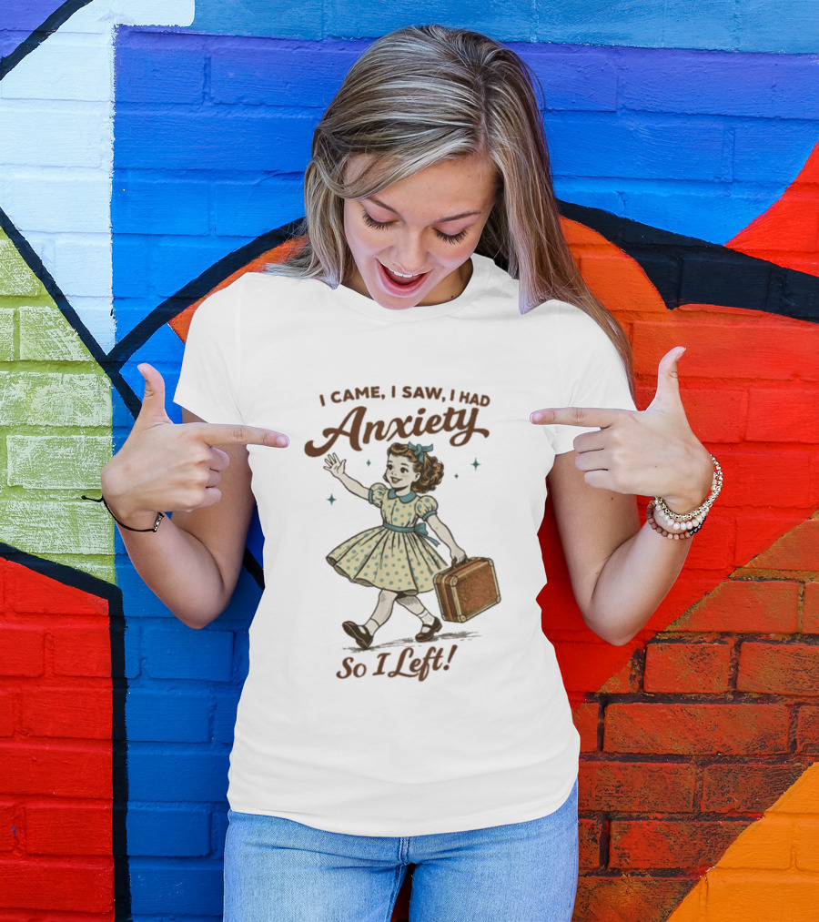 I Came I Saw I Had Anxiety So I Left Vintage Style Retro Girl Carrying Suitcase T-Shirt
