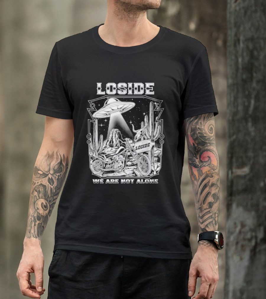 Loside We Are Not Alone UFO Motorcycle Desert Scene Cactus Stars T-Shirt