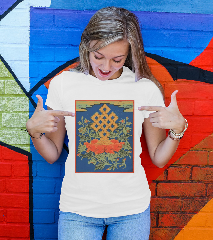 Srivatsa Endless Knot Floral Design Buddhist Symbol With Blossoms T-Shirt
