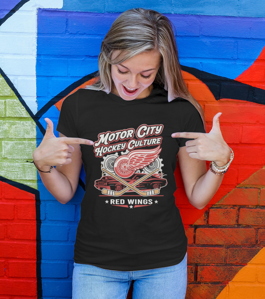 Motor City Hockey Culture Red Wings NHL Classic Logo And Car T-Shirt
