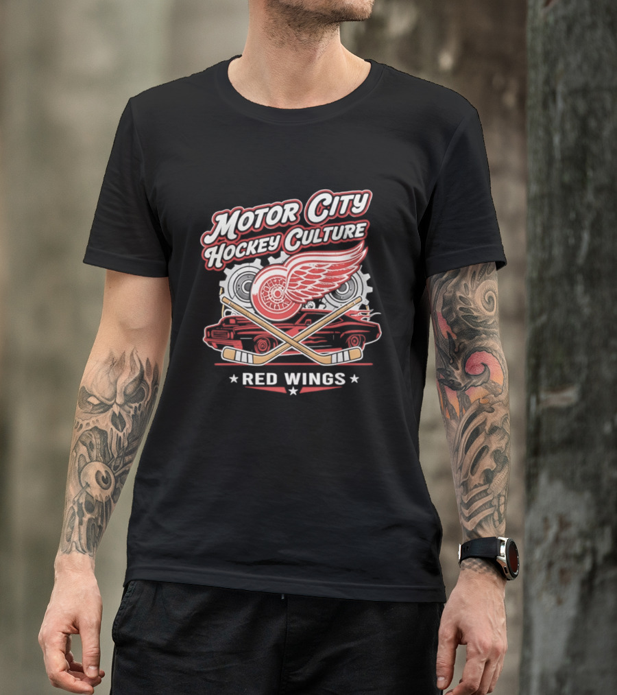 Motor City Hockey Culture Red Wings NHL Classic Logo And Car T-Shirt
