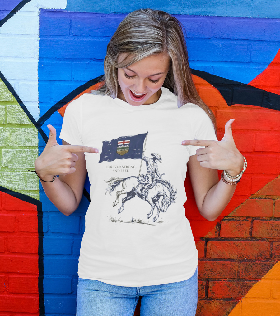 Alberta Flag Forever Strong And Free Bronco Rider Cowboy T-Shirt