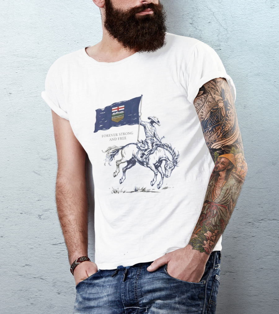 Alberta Flag Forever Strong And Free Bronco Rider Cowboy T-Shirt