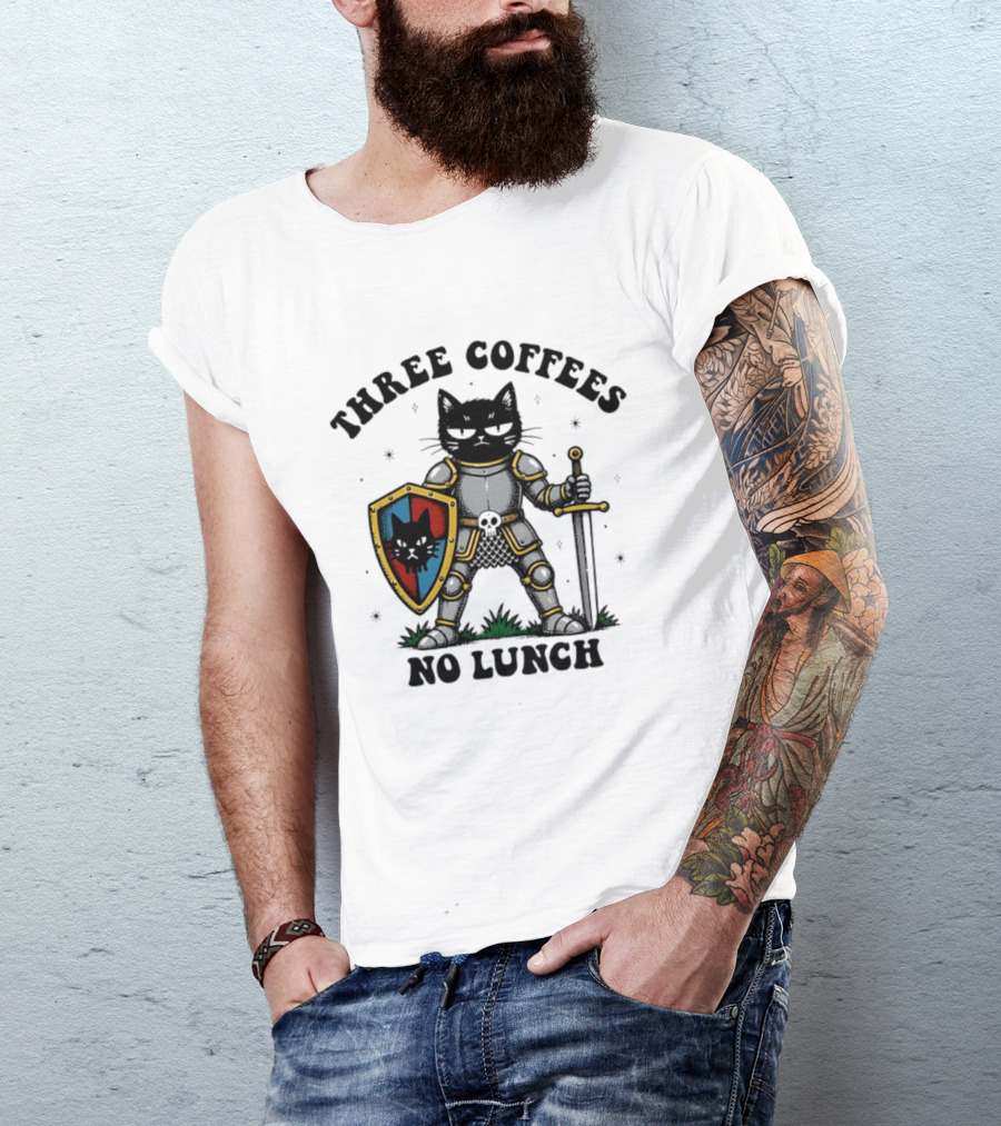 Three Coffees No Lunch Black Cat Armored Knight Shield T-Shirt