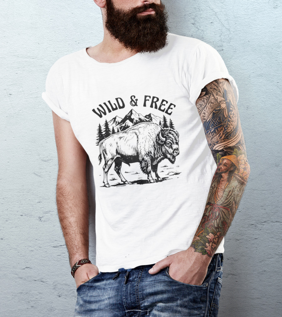Wild And Free Bison With Mountain And Forest Scene T-Shirt