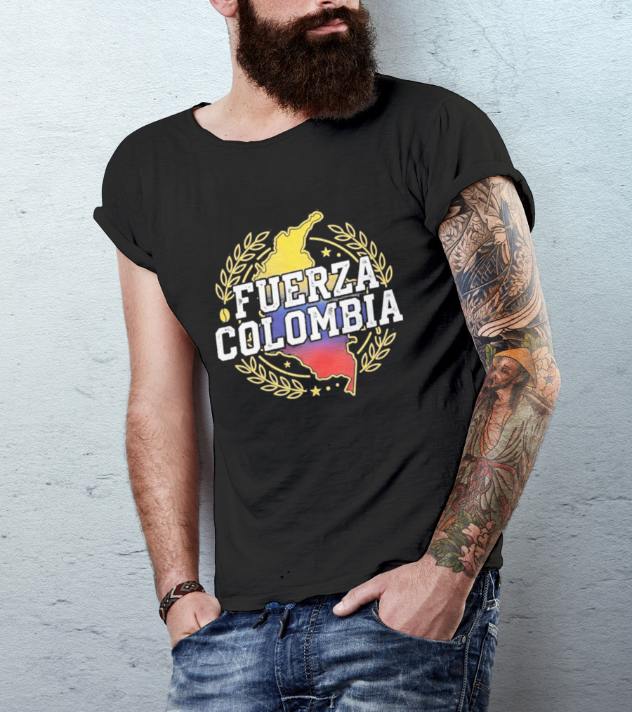 Fuerza Colombia Map Yellow Blue Red Laurel And Stars T-Shirt
